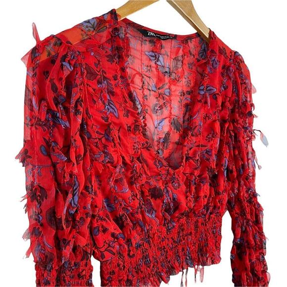 Red Floral Smocked Sheer Blouse Zara Fringing Cropped Top Long Sleeve Size XS - Picture 6 of 16